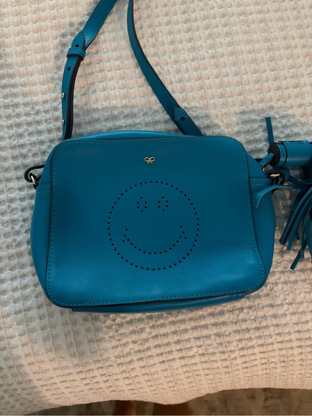 Anya Hindmarch Turquoise Leather Crossbody with Perforated Smiley